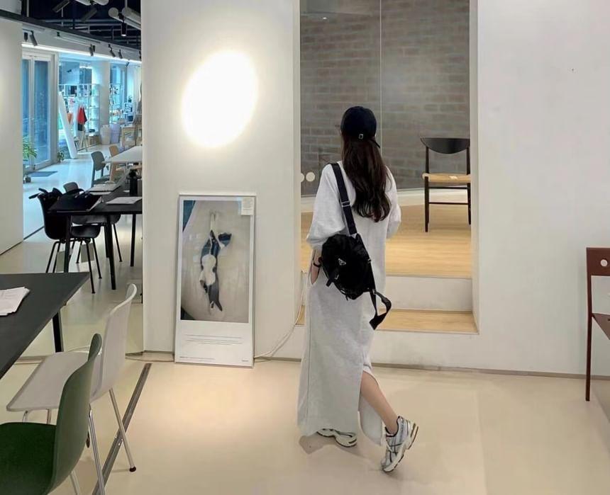 Long Sleeve V-Neck Lettering Print Losoe-Fit Maxi Sweatshirt Dress Product Image