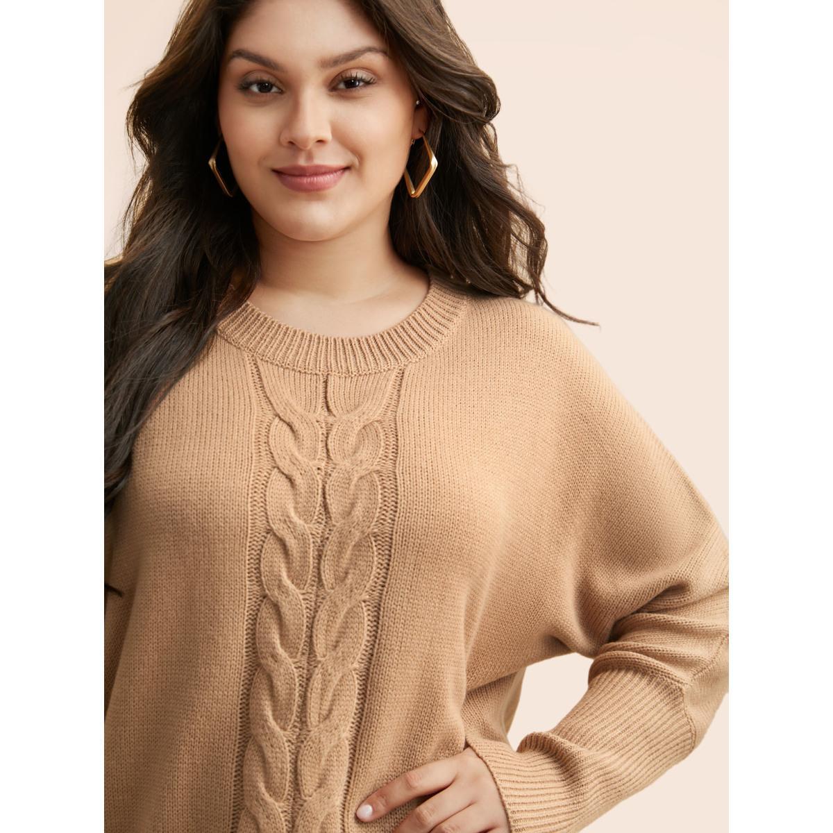 Plus Size Plain Dolman Sleeve Arc Hem Pullover Tan Women Casual Loose Long Sleeve Round Neck Everyday Pullovers BloomChic 10/M Product Image