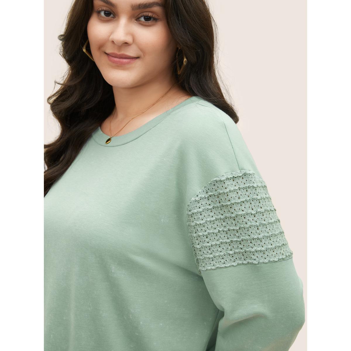 Plus Size Solid Lace Panel Drop Shoulder Sweatshirt Women Mint Casual Non Round Neck Everyday Sweatshirts BloomChic 28/5X Product Image