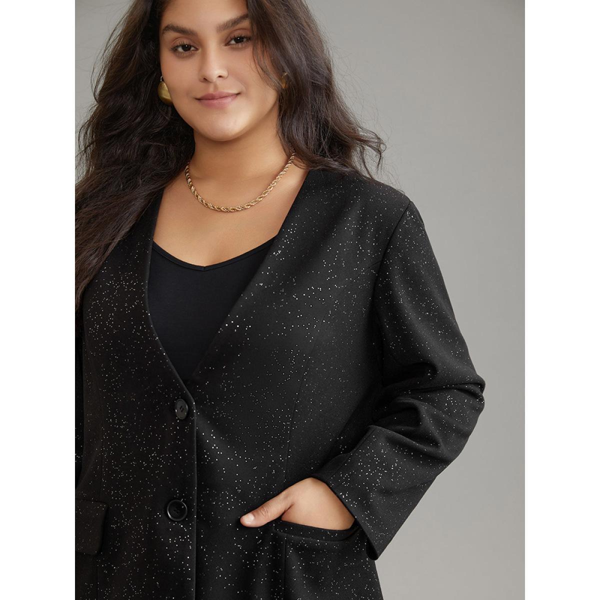 Plus Size Glitter Flap Pocket Button Down Blazer Black Women Dailywear Plain Lined Sleeve Long Sleeve Suit Collar 26/4X Pocket Casual Blazers BloomChic Product Image