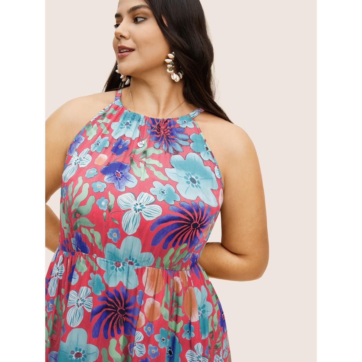 Plus Size Floral Printed Patchwork Side Seam Pocket Dress Brightred Women Resort Gathered Non Sleeveless Curvy BloomChic 28/5X Product Image