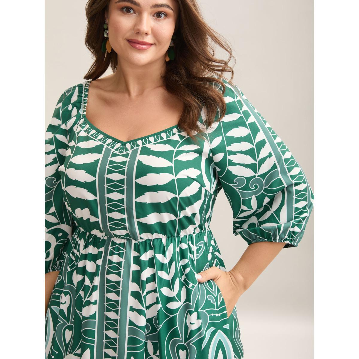 Plus Size Leafy Print Puff Sleeve Pockets Midi Dress Emerald Women Heart neckline Elbow-length sleeve Curvy BloomChic 26/4X Product Image