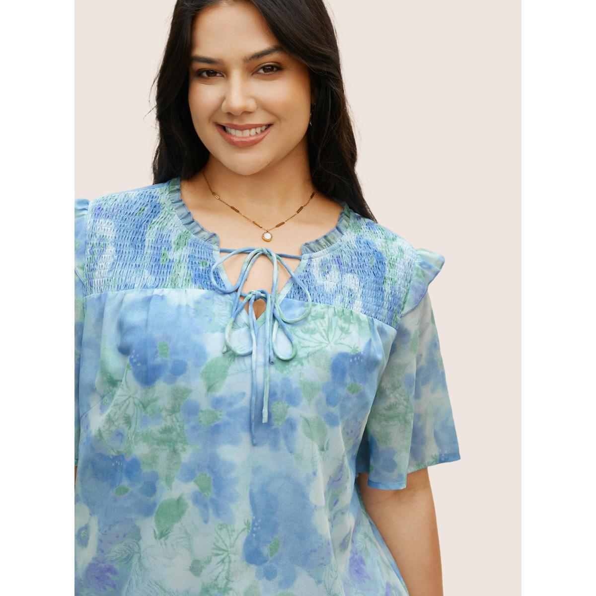 Plus Size LightBlue Watercolor Floral Frill Trim Shirred Blouse Women Elegant Half Sleeve Flat collar with V-notch Everyday Blouses BloomChic 10/M Product Image
