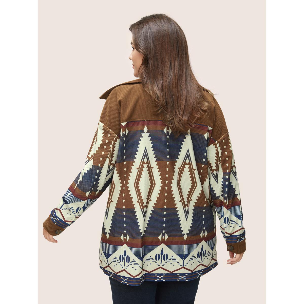 Plus Size Geometric Patchwork Corduroy Patched Pocket Jacket Women DarkBrown Lined Pocket Everyday Jackets BloomChic 18-20/2X Product Image