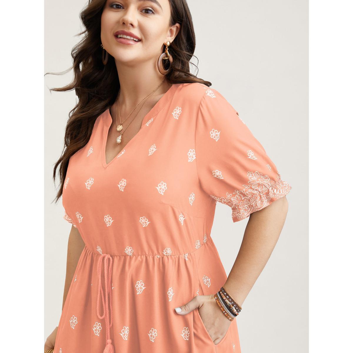 Plus Size Floral Waist-Tie Notched Collar Midi Dress Nudepink Women Resort Ruffles Notched collar Half Sleeve Curvy BloomChic 14-16/1X Product Image