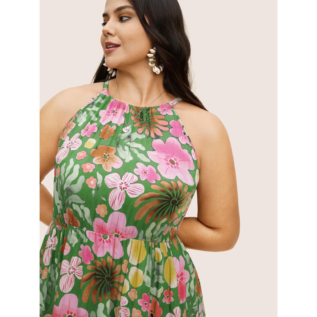 Plus Size Floral Printed Patchwork Side Seam Pocket Dress Truegreen Women Resort Gathered Non Sleeveless Curvy BloomChic 30/6X Product Image