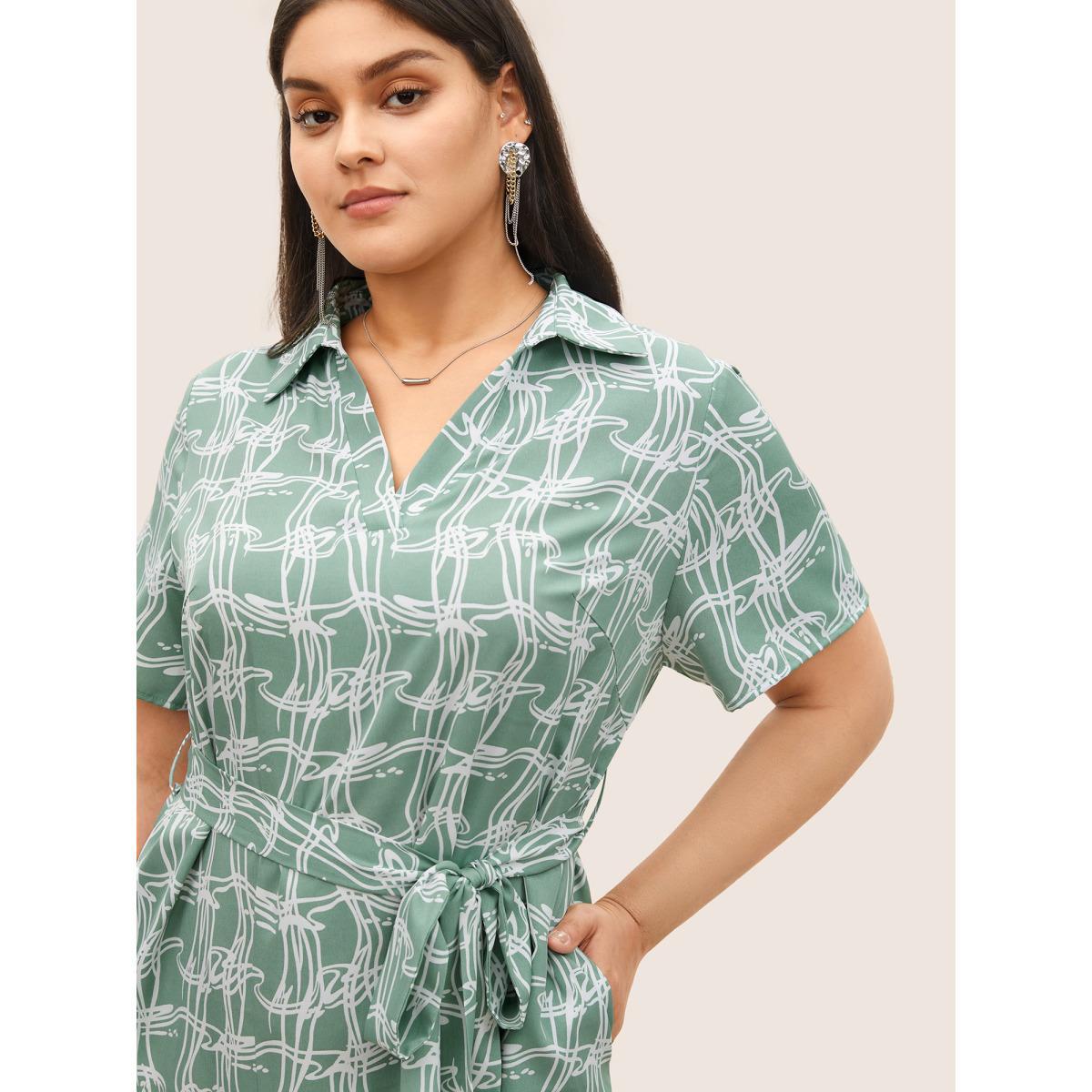 Plus Size Abstract Print Belted Polo Collar Dress Mint Women Work From Home Belted Polo Short sleeve Curvy Midi Dress BloomChic 28/5X Product Image