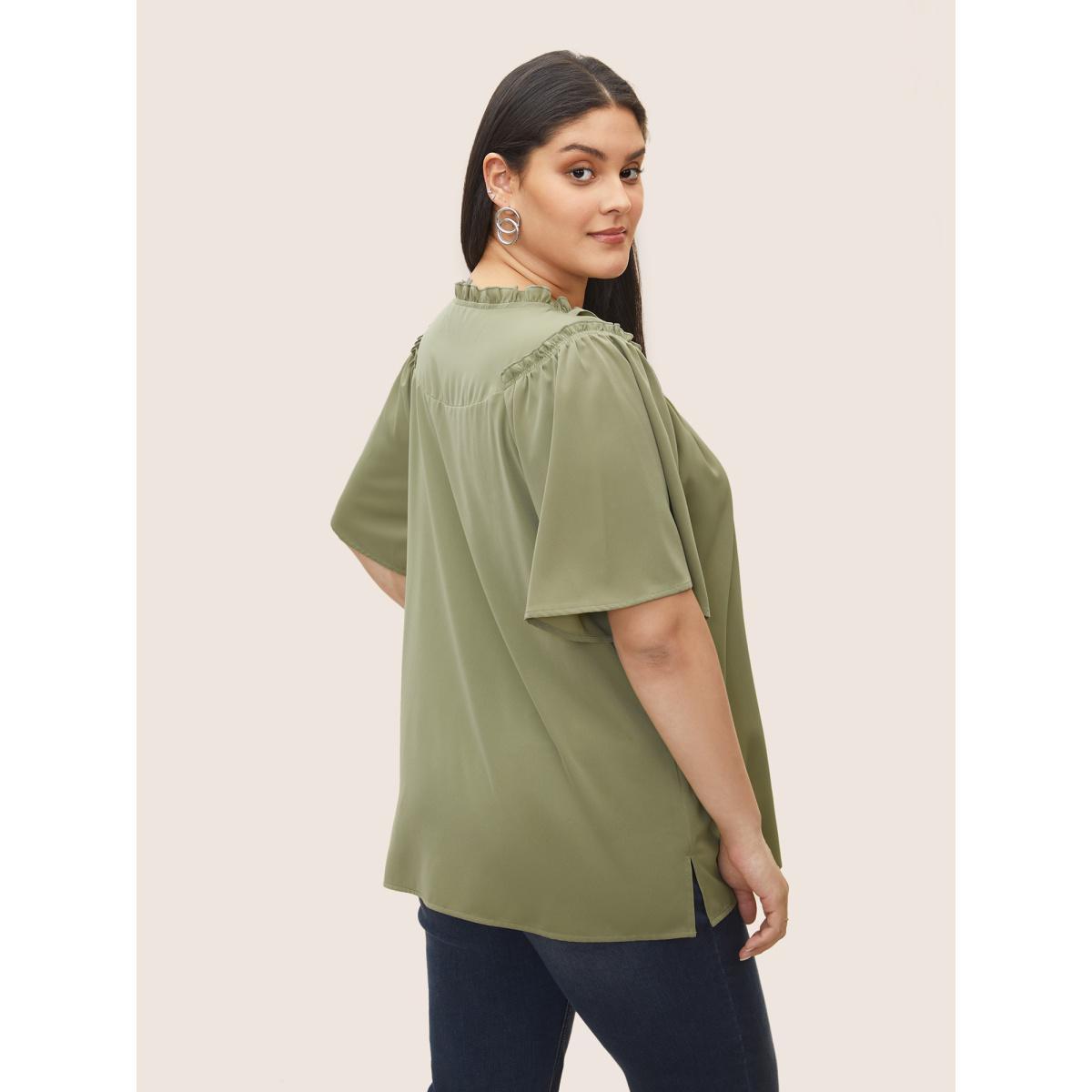 Plus Size Sage Plain Frill Trim Gathered Ruffle Sleeve Blouse Women At the Office Short sleeve V-neck Work Blouses BloomChic 22-24/3X Product Image