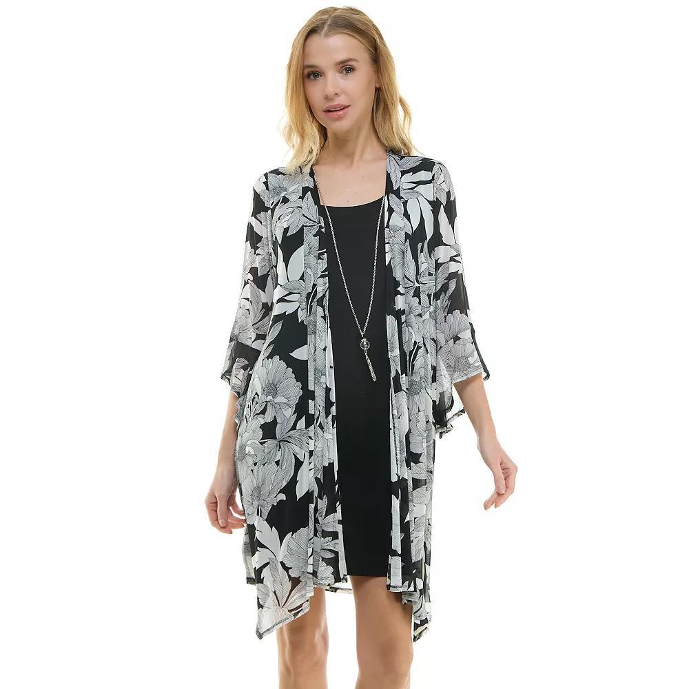Women's Luxology 2-Piece 3/4 Bell Sleeve Cardigan & Dress Set, Size: Small, Black Ivory Product Image
