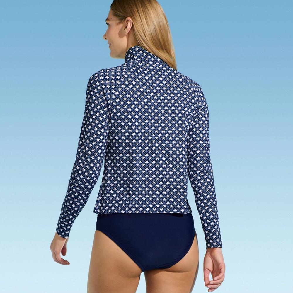 Lands' End Women's Geo Print Quarter Zip Rash Guard - Navy Blue S: UPF 50+, Nylon-Spandex, Knit Product Image
