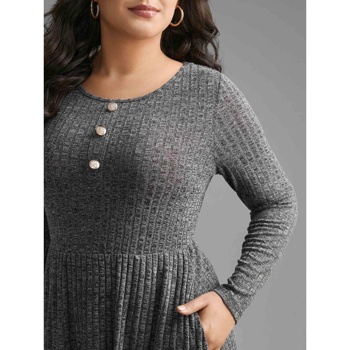 Plus Size Crew Neck Rib Knit Button Detail Dress DimGray Women Casual Texture Knit Dresses Bloomchic 14-16/1X Product Image