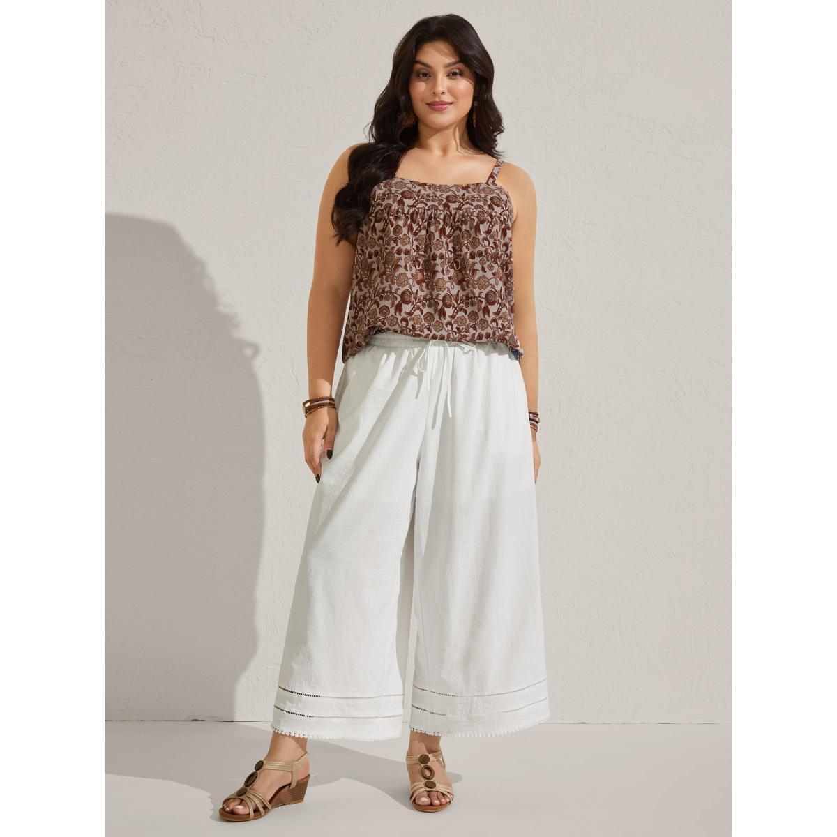Plus Size Lace Trim Wide-Leg Tie Pants Women WhiteSmoke Resort Wide Leg Mid Rise Vacation Pants BloomChic 30/6X Product Image