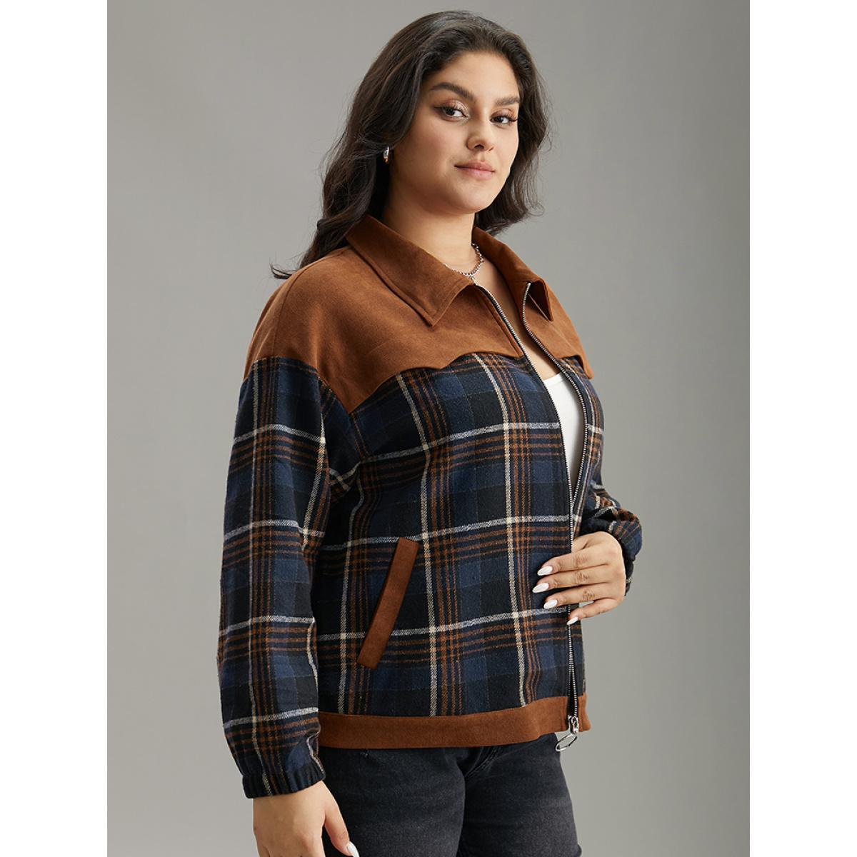 Plus Size Plaid Patchwork Pocket Lapel Collar Zipper Fly Jacket Women Multicolor Contrast Pocket Dailywear Jackets BloomChic 30/6X Product Image