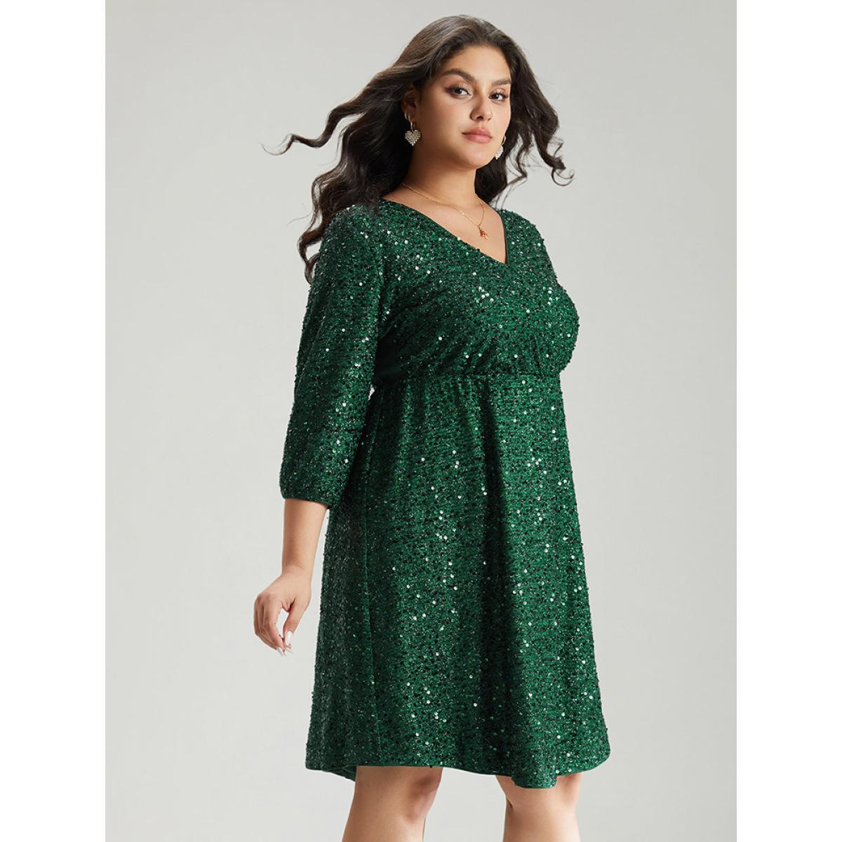 Plus Size Sequin Overlap Collar Elastic Waist Knee Dress DarkGreen Women Cocktail Wrap Overlap Collar Elbow-length sleeve Curvy Knee Dress BloomChic 28/5X Product Image