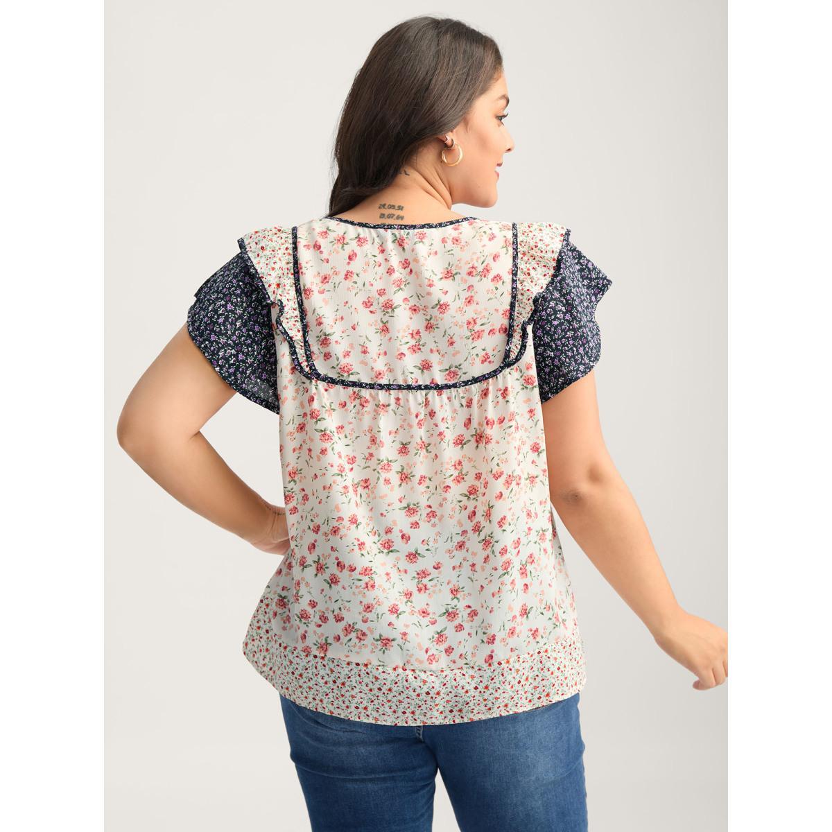 Plus Size Multicolor Floral Panel Ruffled Sleeve Blouse Women Cap Sleeve Notched collar Everyday-Elegant Blouses BloomChic 26/4X Product Image