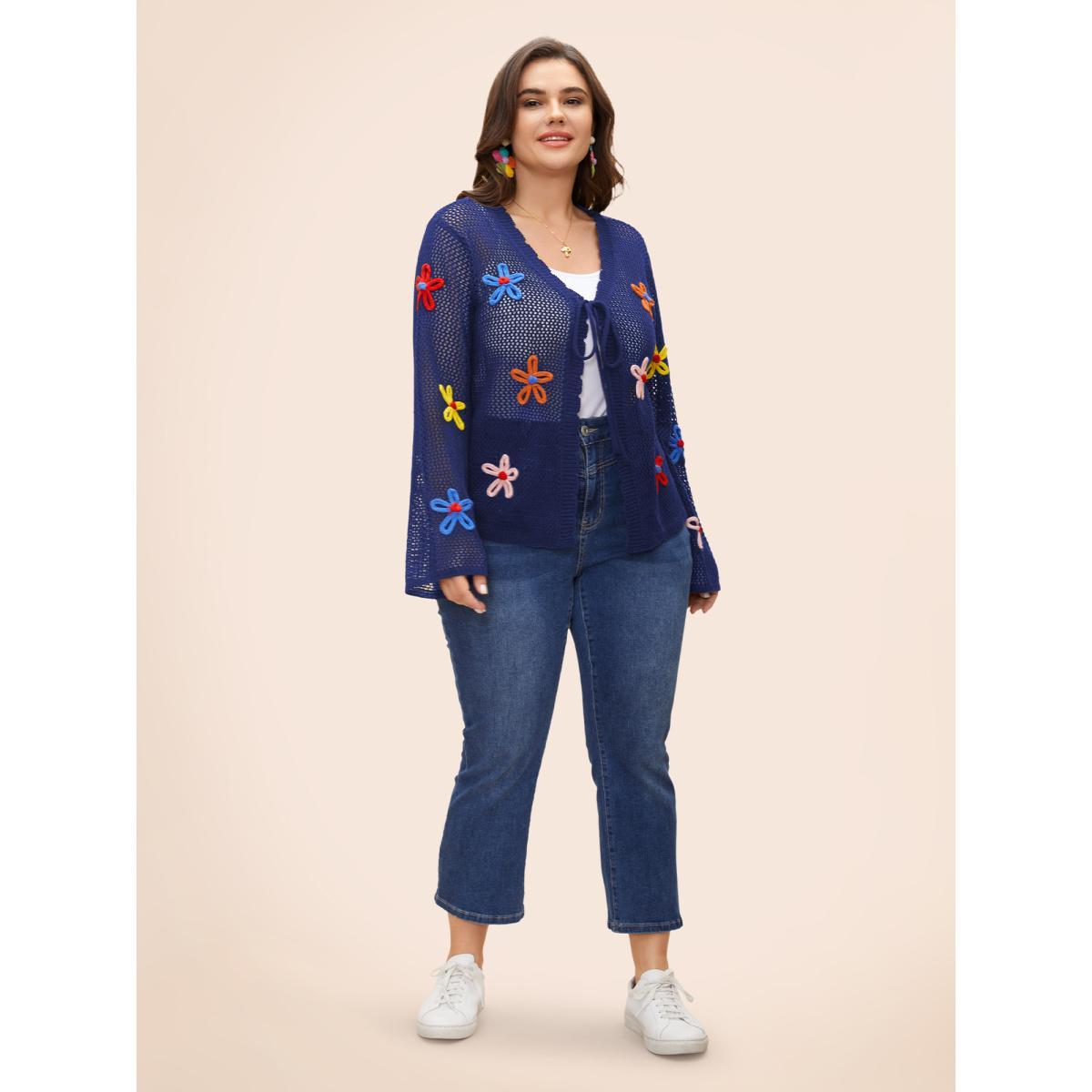 Plus Size Knit Floral Front Tie Cardigan Indigo Women Casual Loose Long Sleeve Everyday Cardigans BloomChic 18-20/2X Product Image