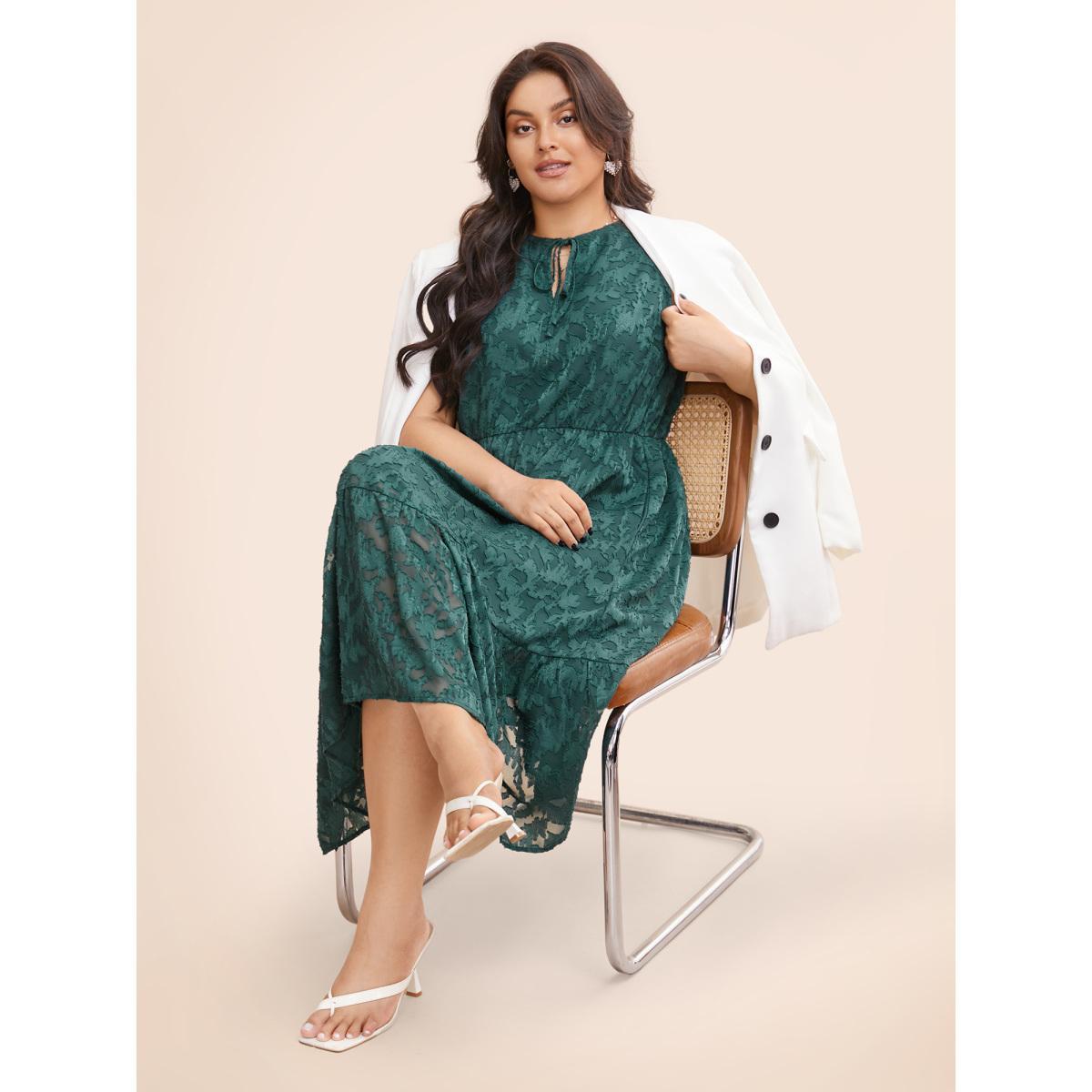 Plus Size Texture Mesh Tie Knot Tank Dress Emerald Women Elegant Tie knot V-neck Sleeveless Curvy BloomChic 18-20/2X Product Image