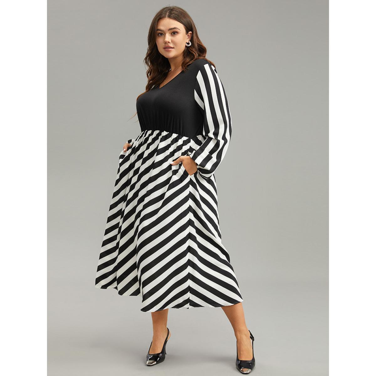 Plus Size Striped Patchwork Elastic Waist Lantern Sleeve Dress Black Women At the Office Elastic cuffs V-neck Long Sleeve Curvy Midi Dress BloomChic 22-24/3X Product Image
