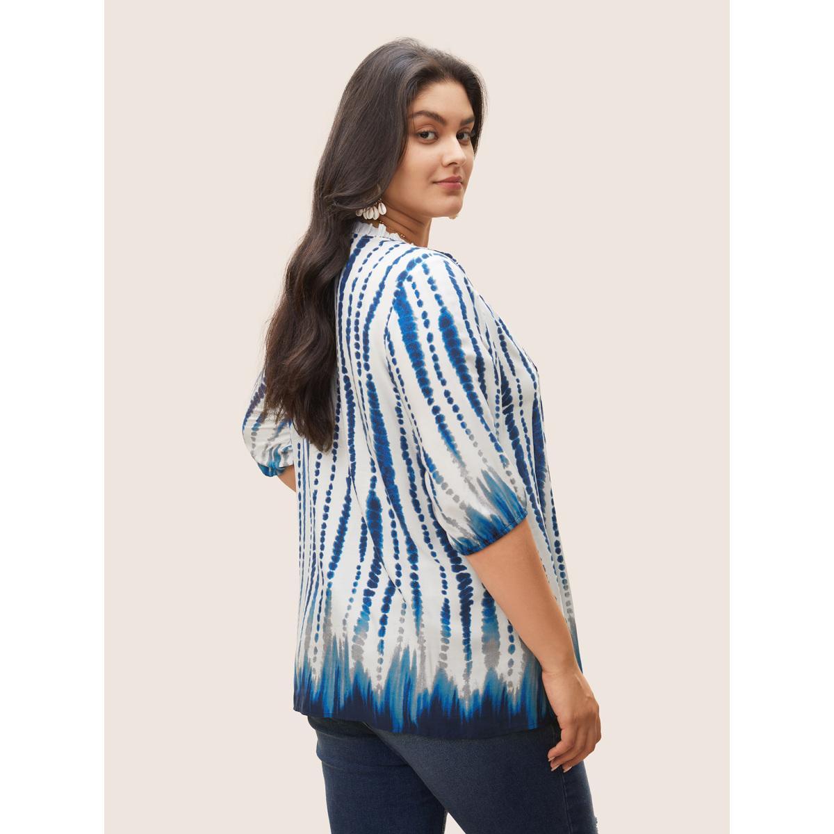 Plus Size DarkBlue Tie Dye Tie Neck Frill Trim Blouse Women Resort Half Sleeve Notched collar Vacation Blouses BloomChic 10/M Product Image