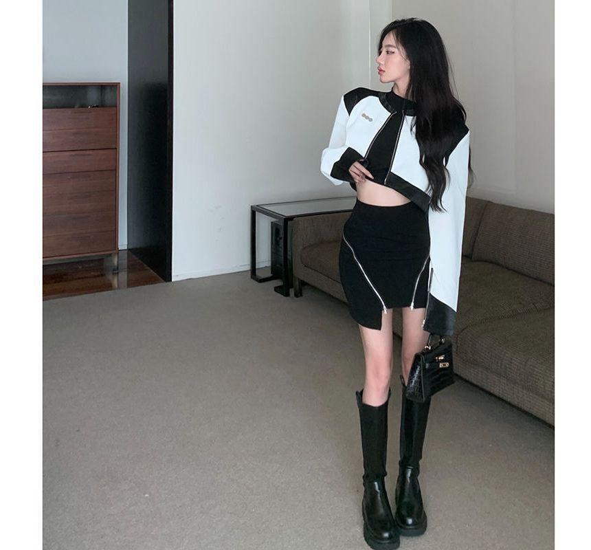 Long-Sleeve Crew Neck Plain Cutout Crop Tee / High Waist Zip Asymmetrical Mini Pencil Skirt / Crew Neck Two Tone Faux Leather Crop Zip Jacket / Set Product Image