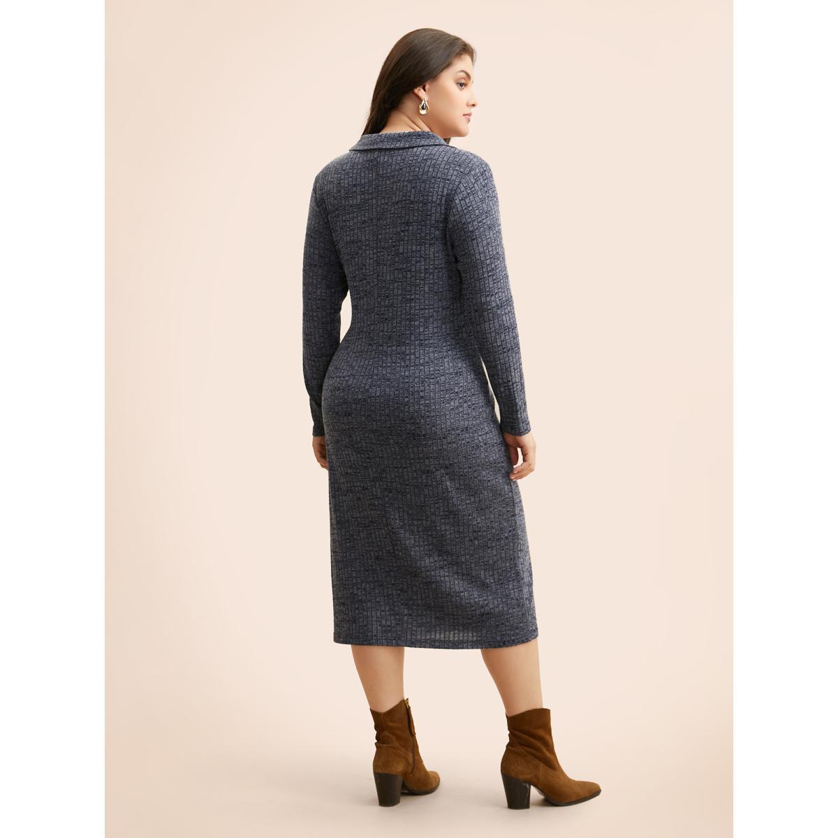 Plus Size Textured Buckle Detail Split Hem Dress Indigo Women At the Office Texture Shirt collar Long Sleeve Curvy BloomChic 22-24/3X Product Image