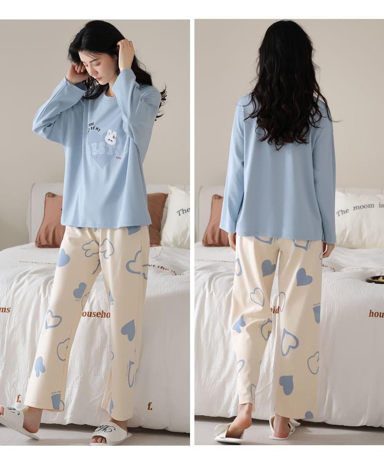 Loungewear Set : Long-Sleeve Rabbit Print Padded T-Shirt + Pants Product Image