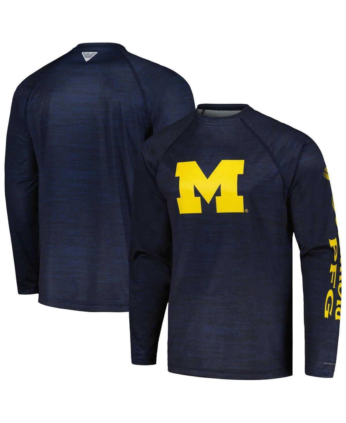 Men's Columbia  Navy Michigan Wolverines PFG Terminal Tackle Omni-Shade Raglan Long Sleeve T-Shirt, Size: Large, Blue Product Image