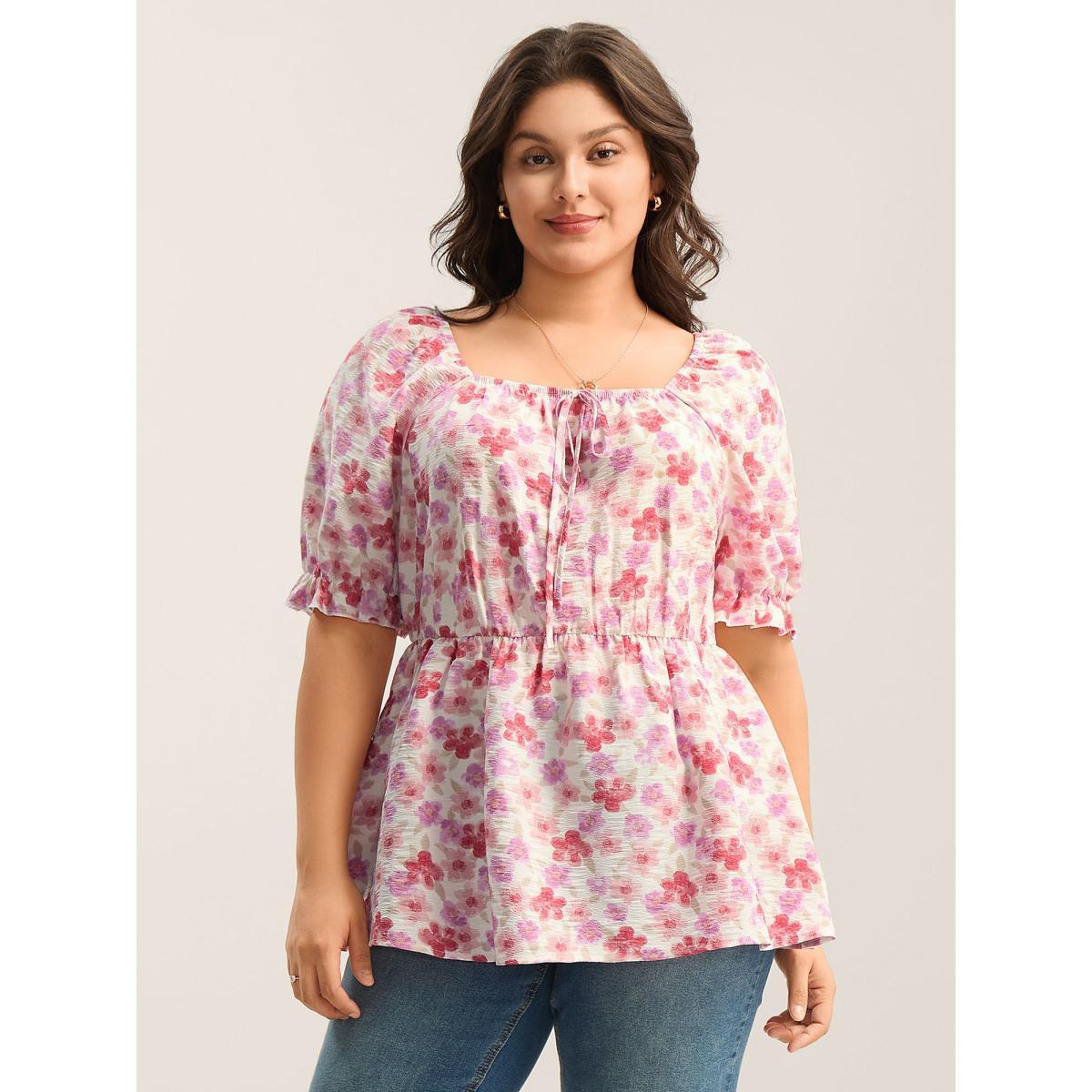 Plus Size Watermelon Floral Print Square Neck Tie Blouse Women Short sleeve Square Neck Everyday-Elegant Blouses BloomChic 30/6X Product Image