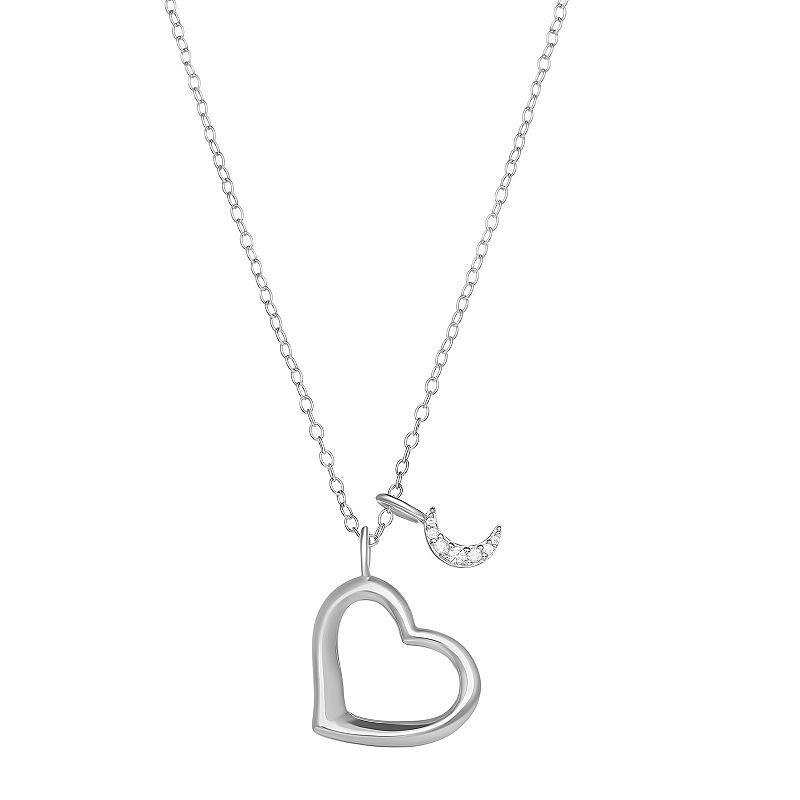PRIMROSE Sterling Silver Cubic Zirconia Moon & Polished Open Heart Pendant Necklace, Womens, Two Tone Pink Clear Product Image