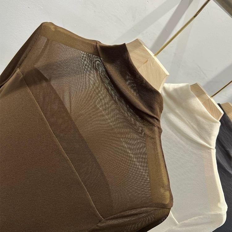 Long-Sleeve Turtleneck Plain Mesh Panel Slim Fit Top Product Image