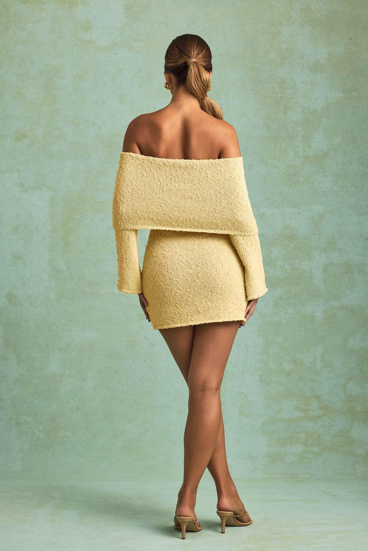 Bouclé Off-Shoulder Mini Dress in Yellow Product Image
