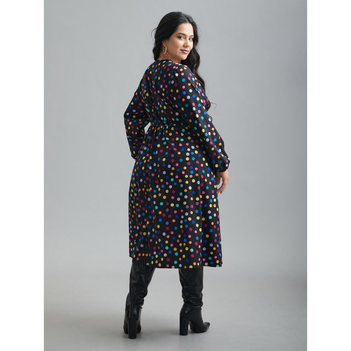 Plus Size Multi-Color Polka Dot Stretchy-Waist Dress Black Women Elegant Non V-neck Long Sleeve Curvy BloomChic 22-24/3X Product Image