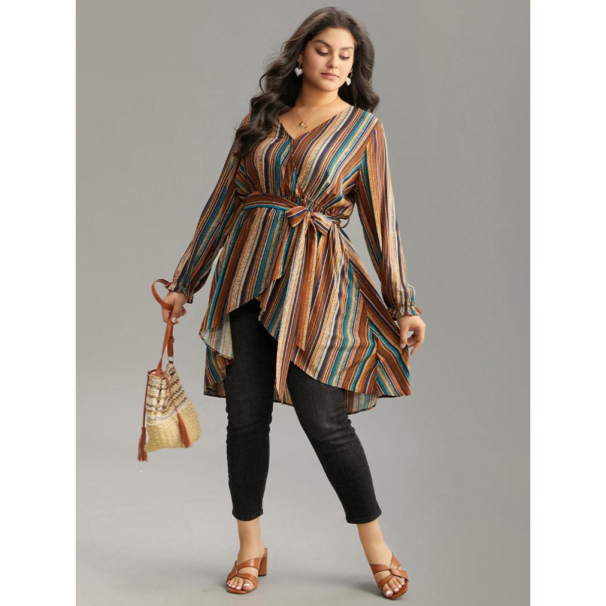 Plus Size Multicolor Striped Overlap Collar Arc Hem Belted Blouse Women Vacation Long Sleeve Overlap Collar Vacation Blouses BloomChic 14-16/1X Product Image