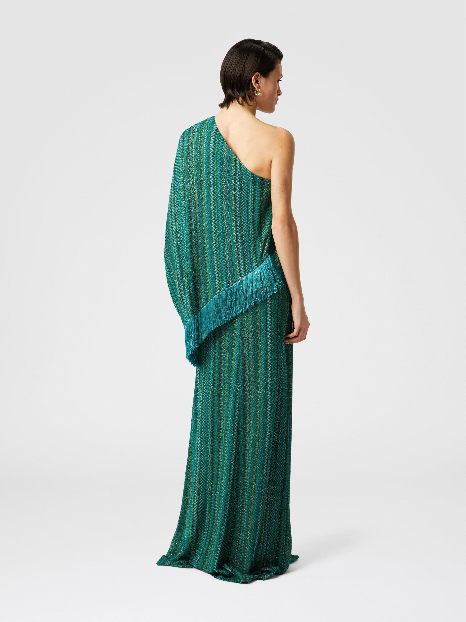 Long one-shoulder zigzag dress with sequins and fringes Product Image