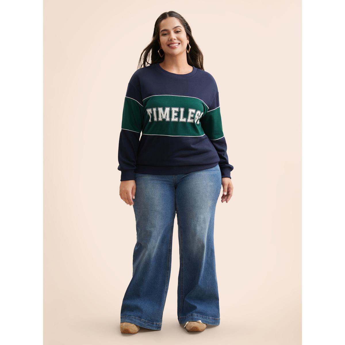 Plus Size Crew Neck Letter Print Contrast Sweatshirt Women Navy Casual Contrast Round Neck Everyday Sweatshirts BloomChic 18-20/2X Product Image