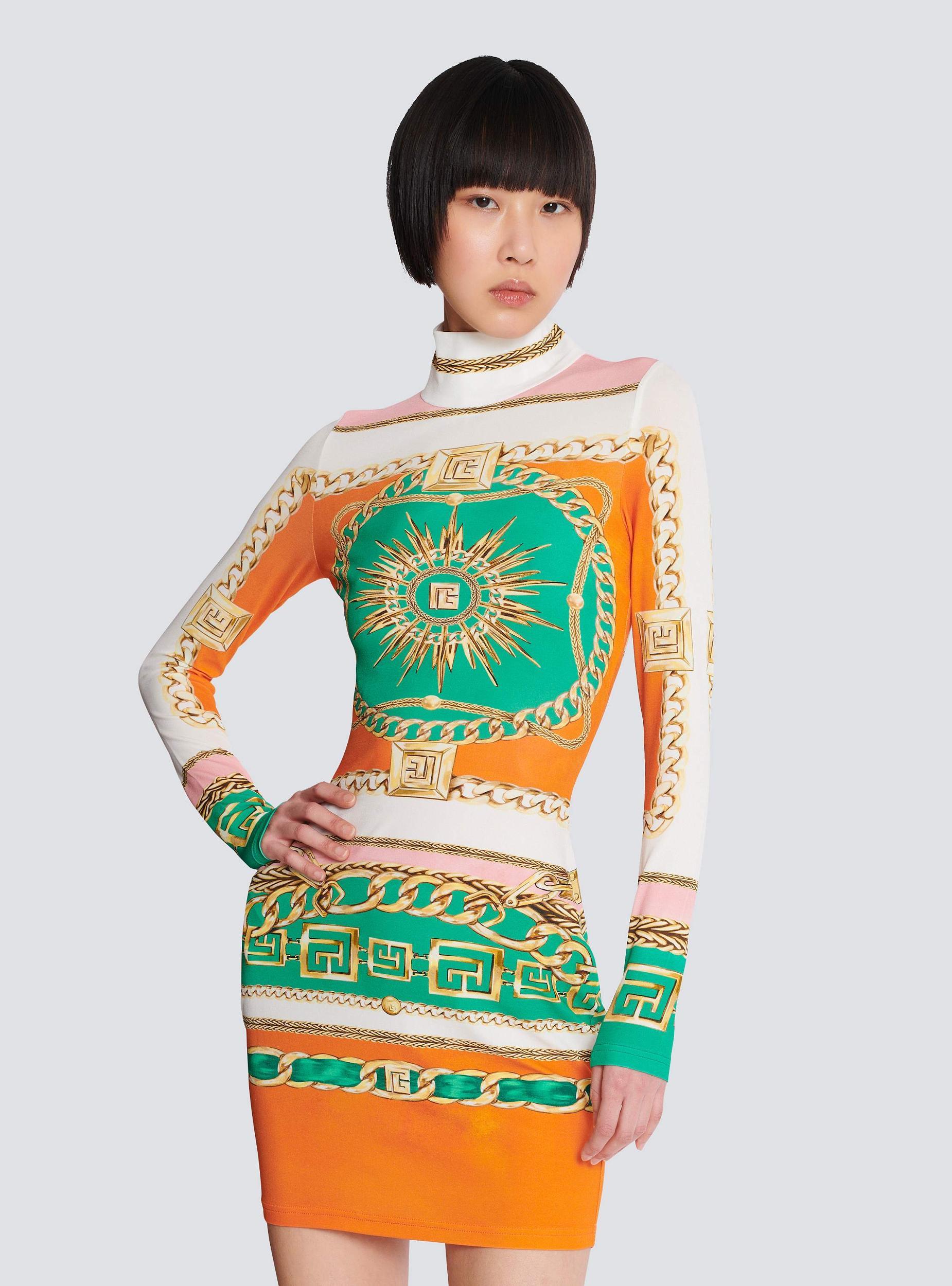 Short printed bodycon dress with Balmain Foulard pattern Product Image