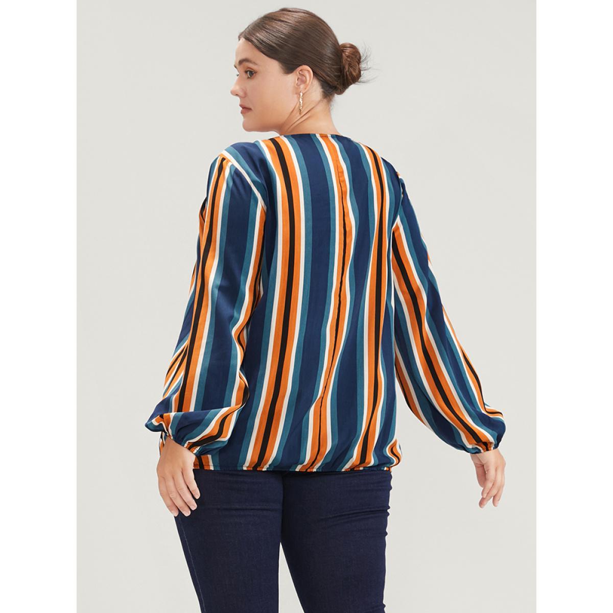 Plus Size Indigo Striped Lantern Sleeve Wrap Blouse Women Office Long Sleeve V-neck Work Blouses BloomChic 10/M Product Image