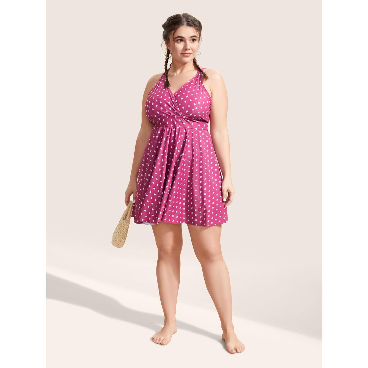 Plus Size Overlap Collar Geometric Tie Knot Swim Dress Women's Swimwear Deeppurplered Beach Bodycon Overlap Collar High stretch Curve Swim Dresses BloomChic 12/L Product Image