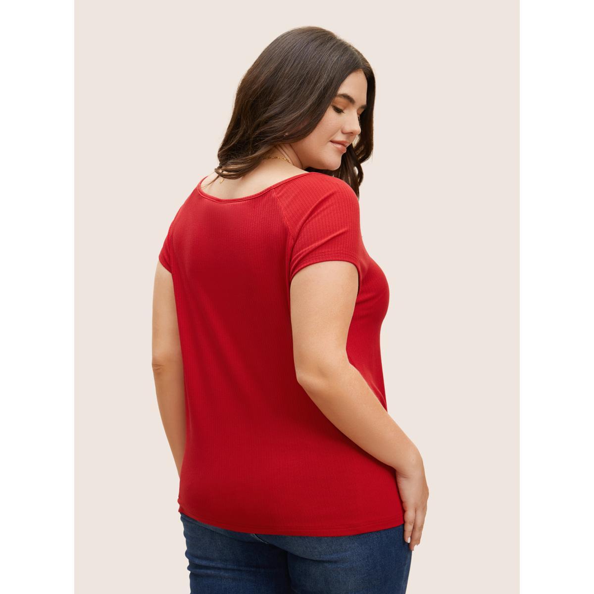Plus Size Solid Notched Collar Pit Strip T-shirt Brightred Women Elegant Non Notched collar Bodycon Everyday T-shirts BloomChic 22-24/3X Product Image