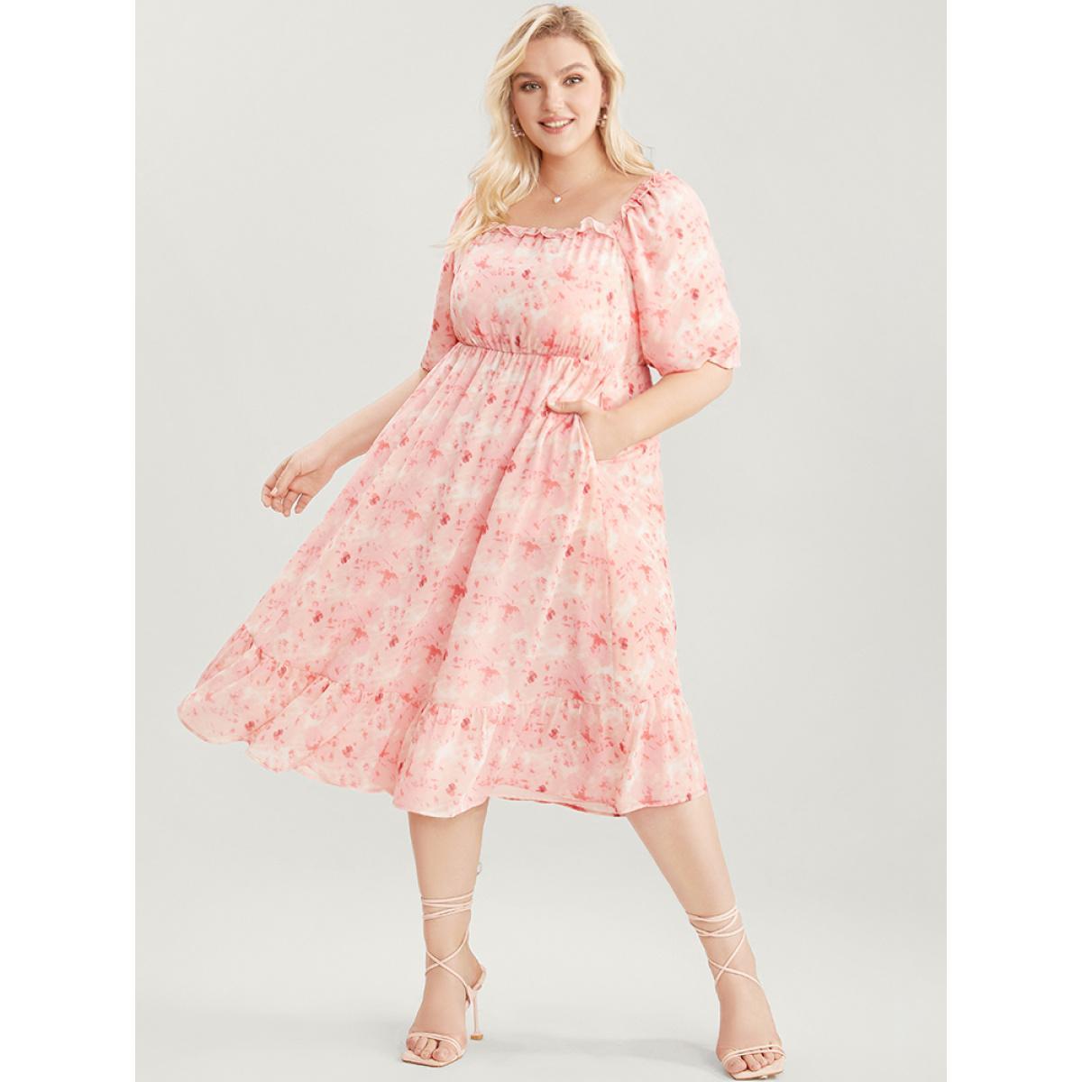 Plus Size Tie Dye Square Neck Puff Sleeve Pocket Ruffle Hem Dress Crepe Women Elegant Pocket Square Neck Short sleeve Curvy Knee Dress BloomChic 12/L Product Image