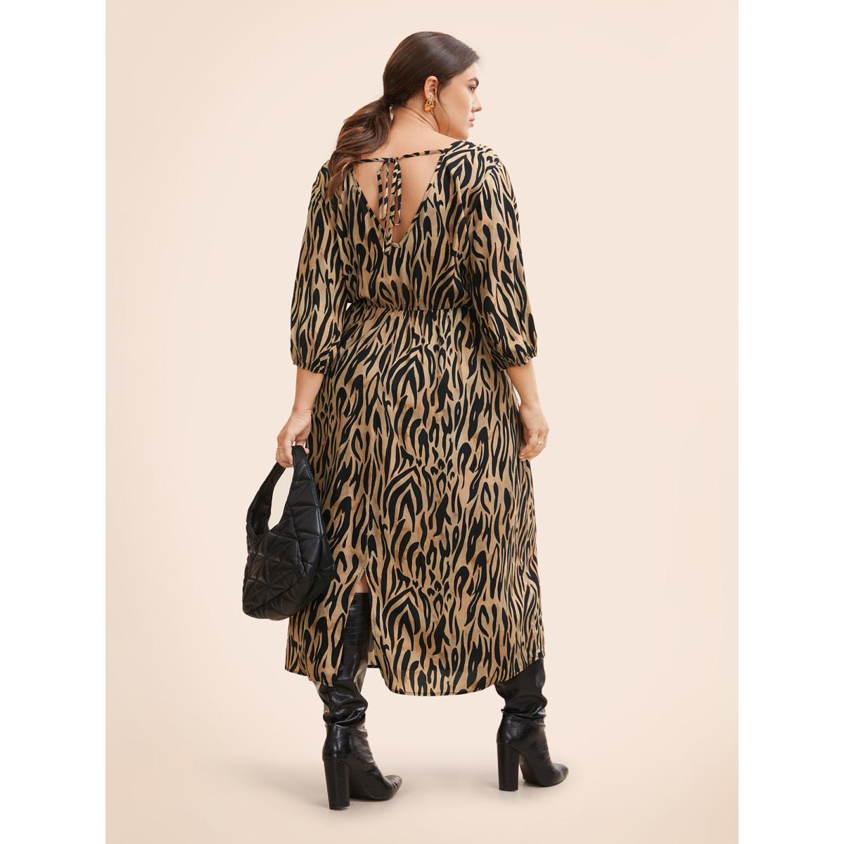 Plus Size Leopard Print Tie Knot Lantern Sleeve Dress Yellowishbrown Women Workwear Essentials Tie knot V-neck Elbow-length sleeve Curvy BloomChic 14-16/1X Product Image