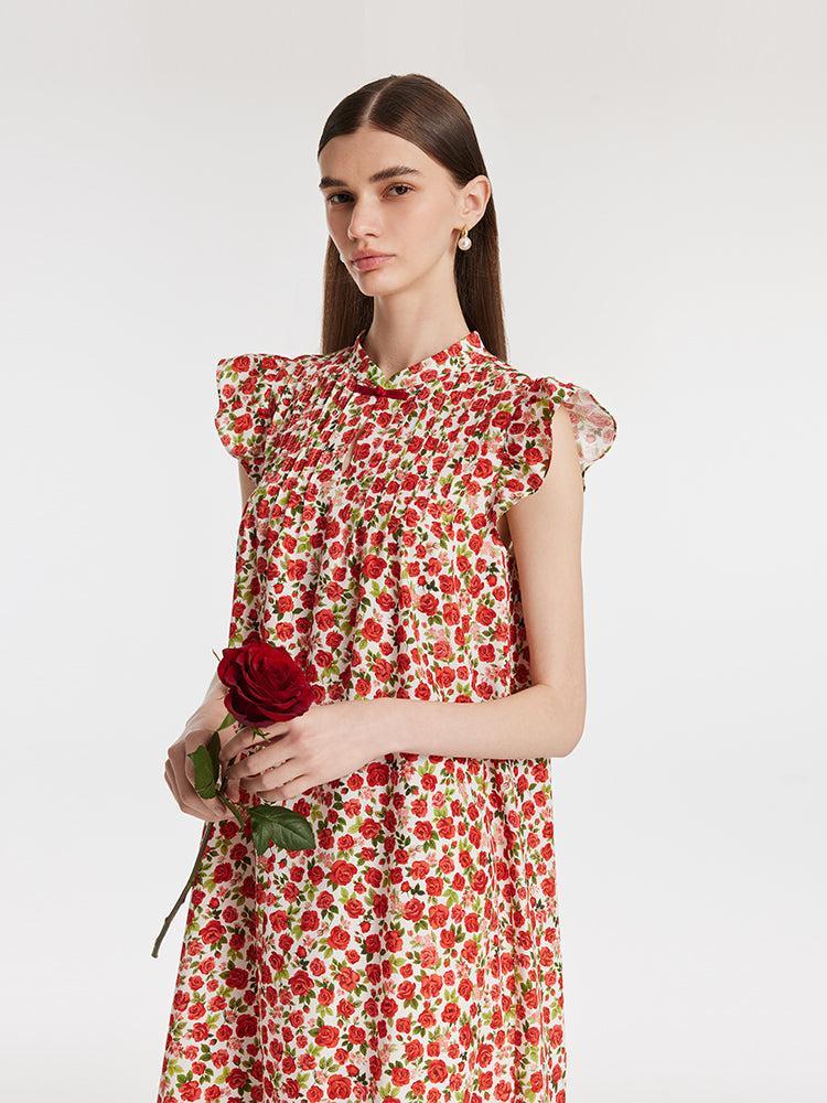 Rose Print Ruffle Sleeves Mandarin Collared Women Mini Dress Product Image