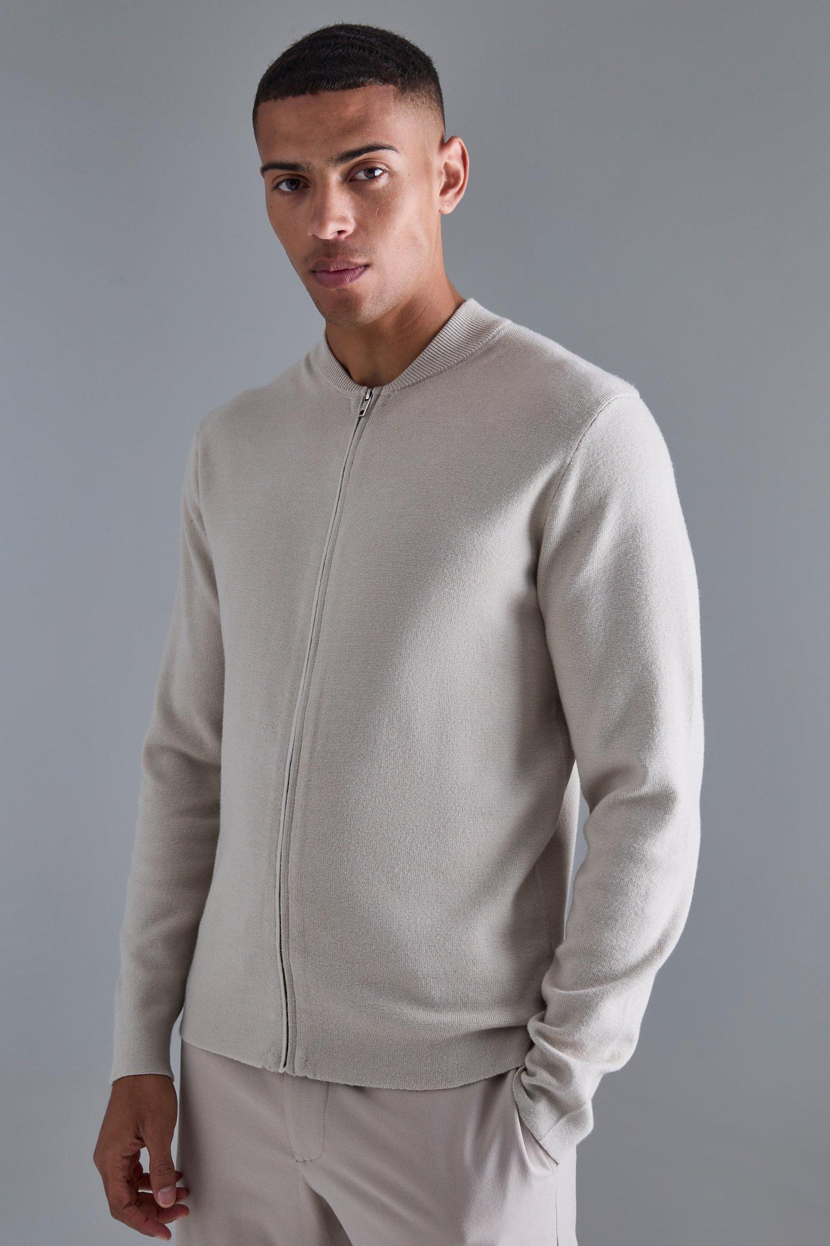 Mens Regular Fit Knitted Bomber Jacket - Beige Product Image
