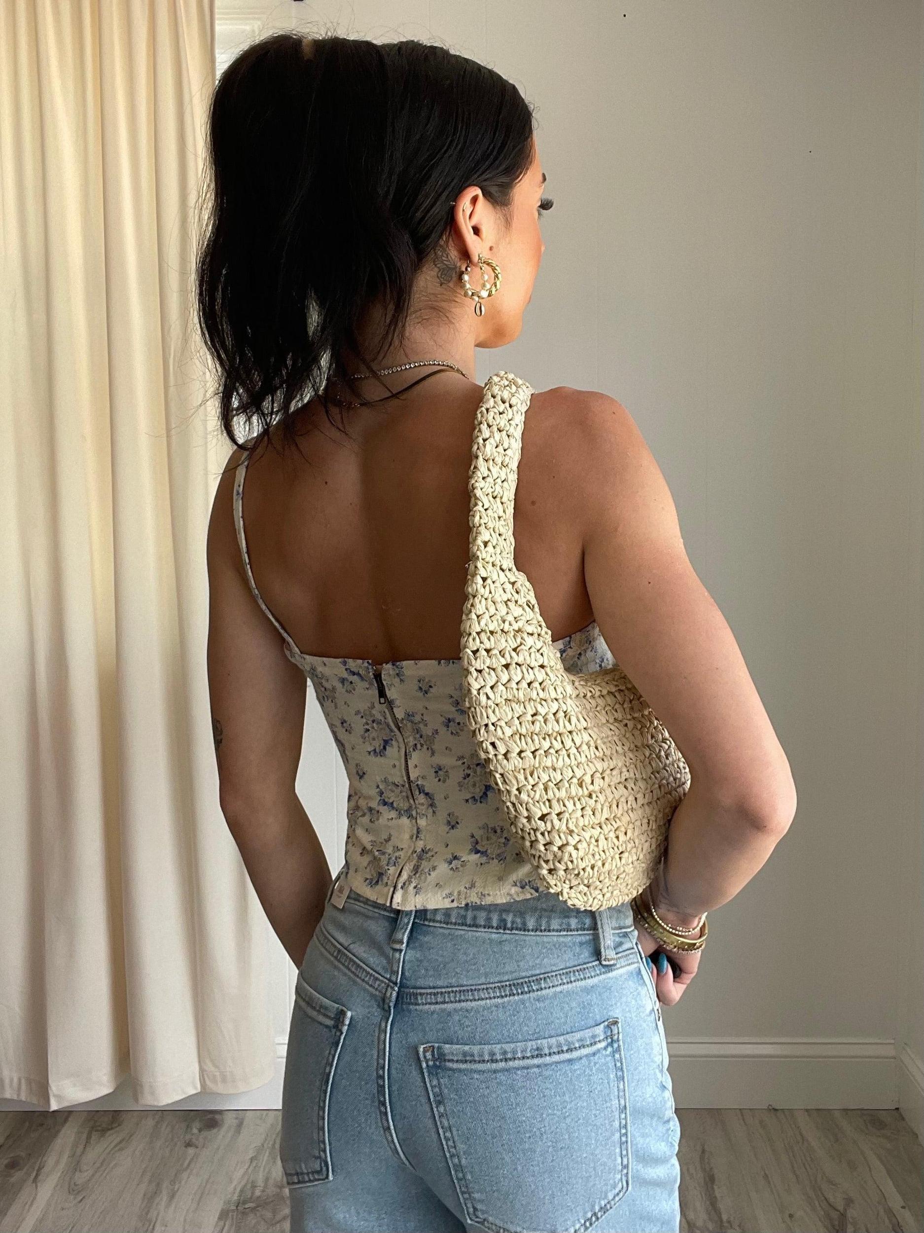 FINAL SALE Lena Ditsy Floral Corset Tank Top | Blue Cream Product Image