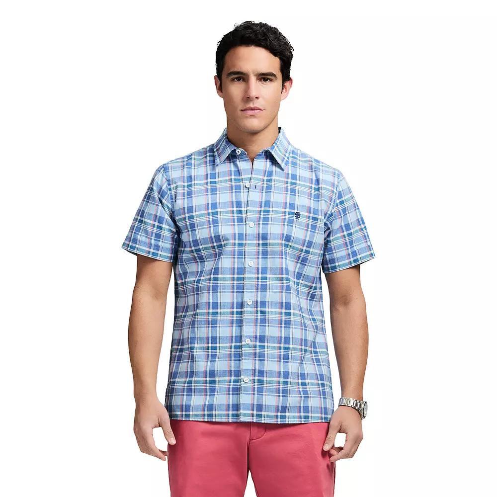 Men's IZOD Madras Short Sleeve Button Down Shirt, Size: Large, Chambray Blue Plaid Product Image