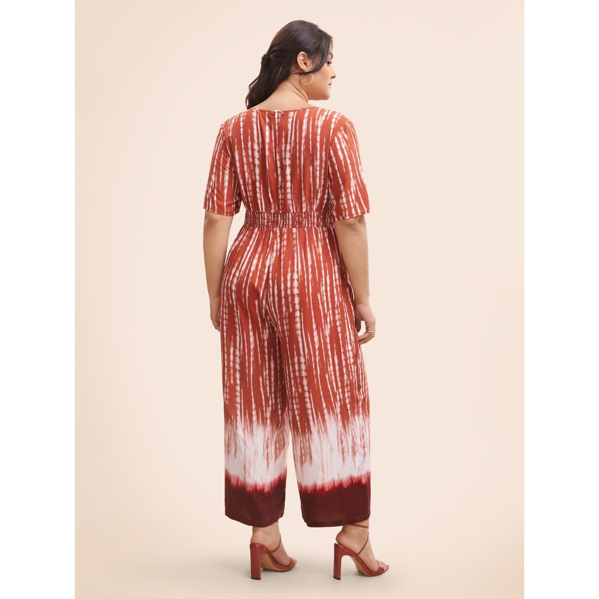 Plus Size Multicolor V Neck Gradient Dyeing Shirred Jumpsuit Women At the Office Half Sleeve V-neck Work Loose Jumpsuits BloomChic 14-16/1X Product Image