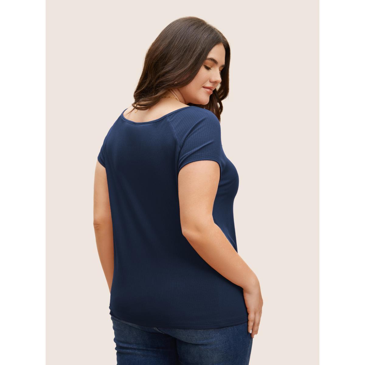Plus Size Solid Notched Collar Pit Strip T-shirt Indigo Women Elegant Non Notched collar Bodycon Everyday T-shirts BloomChic 18-20/2X Product Image
