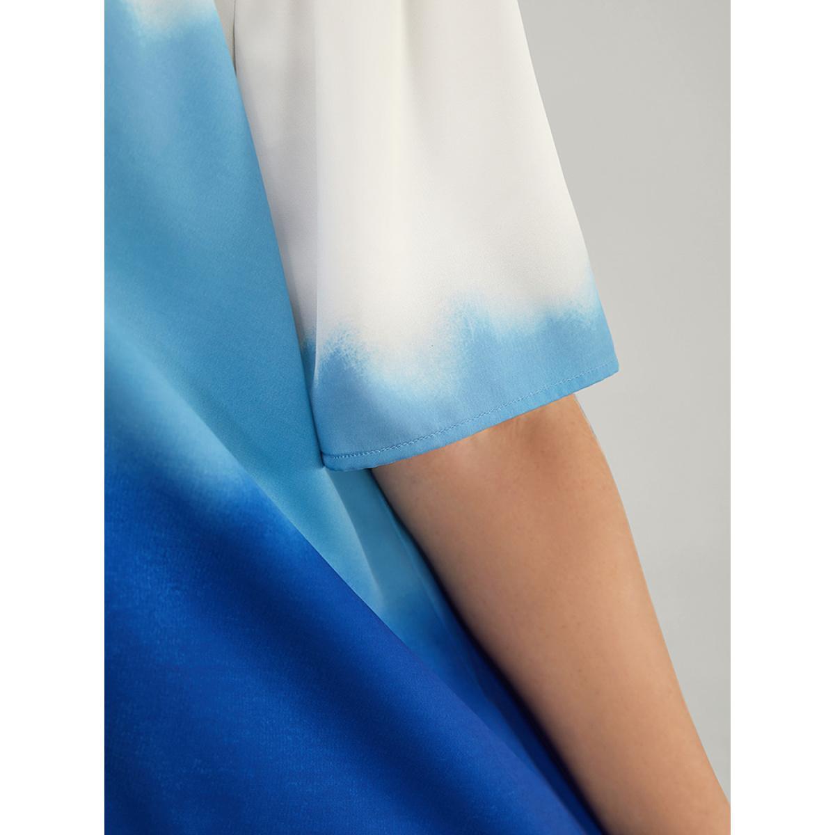 Plus Size Cerulean Tie Dye Frill Trim Mock Neck Ruffle Asymmetrical Hem Blouse Women Vacation Half Sleeve Mock Neck Dailywear Blouses BloomChic 30/6X Product Image