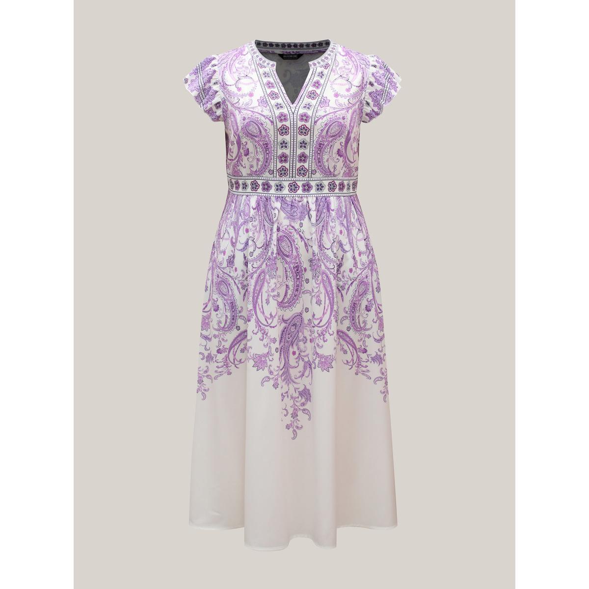 Plus Size Paisley Print Notched Collar Ruffled Midi Dress Mauve Women Resort Ruffles Flat collar with V-notch Short sleeve Curvy BloomChic 22-24/3X Product Image