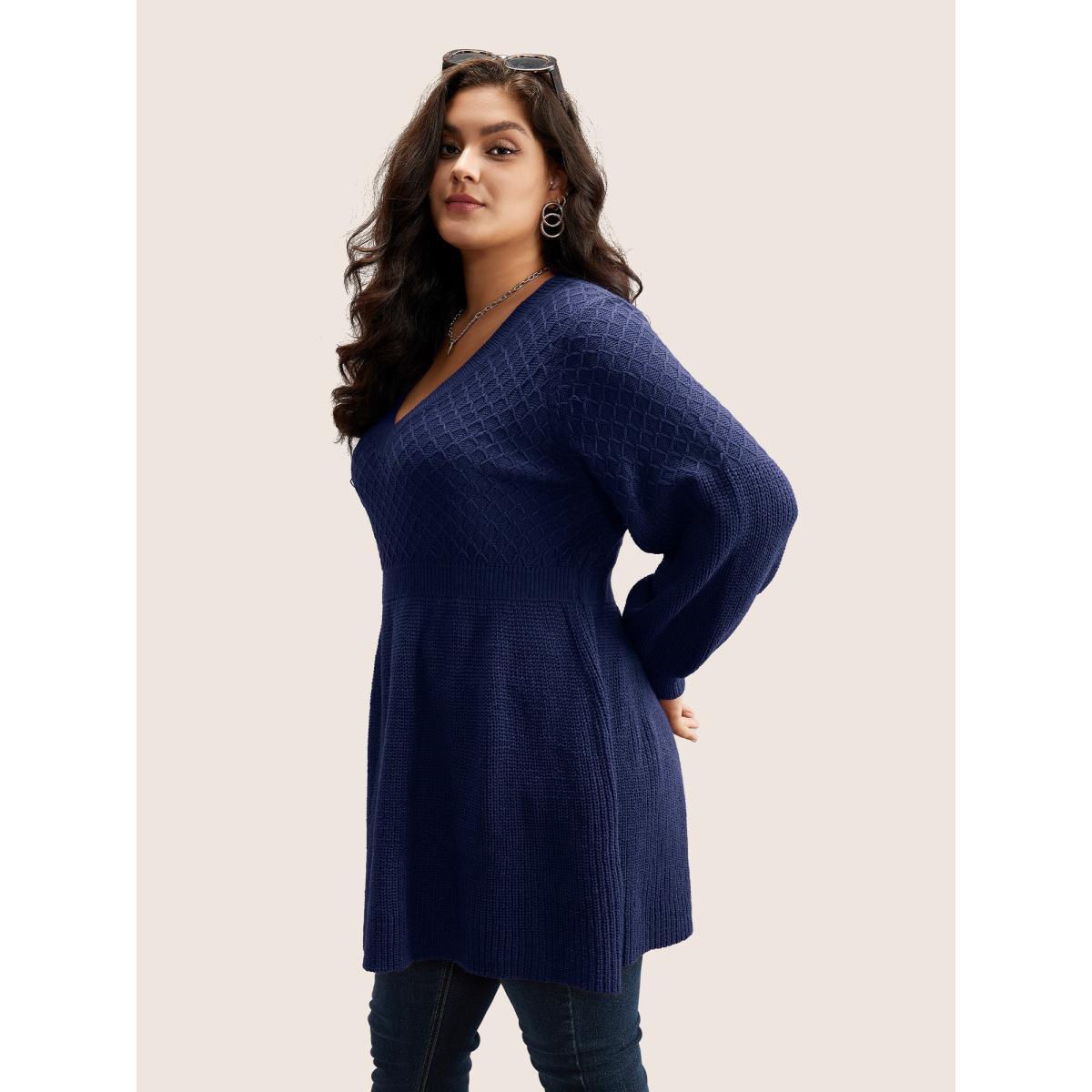 Plus Size Plain Plisse Lantern Sleeve A Line Pullover Indigo Women Elegant Long Sleeve V-neck Everyday Pullovers BloomChic 22-24/3X Product Image